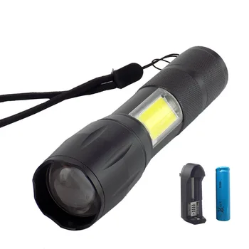 

T6 + COB LED Flashlight Portable Zoomable Lintern Camping Torch Lamp For Hiking Riding Flash Light + 18650 Battery + AC Charger