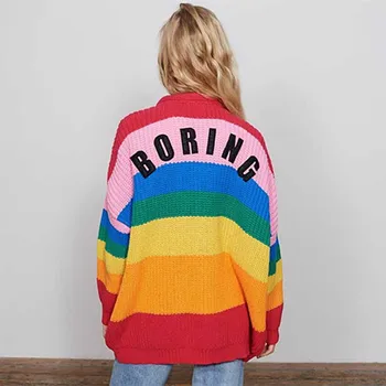 

NiceMix V Neck Single Breasted Knitted Cardigans Women Harajuku Rainbow Stripes Letter Long Sleeve Sweaters Streetwear Jumpers