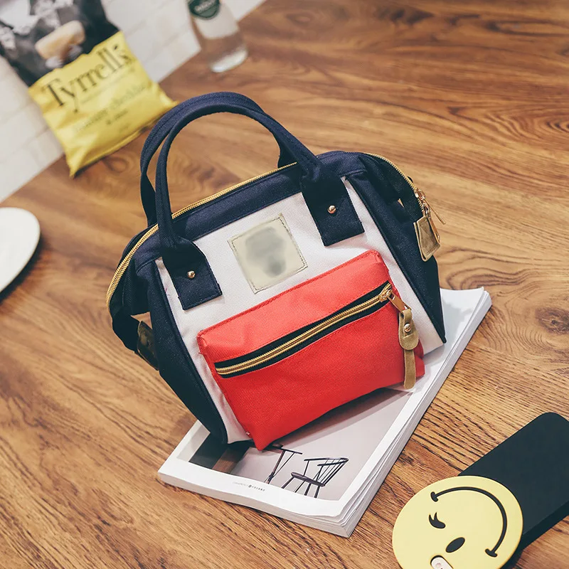 

WOMEN'S Bag 2019 New Style Fashion Canvas Contrast Color Clamping Opening Backpack Multi-functional Hand Bag Cool Backpack