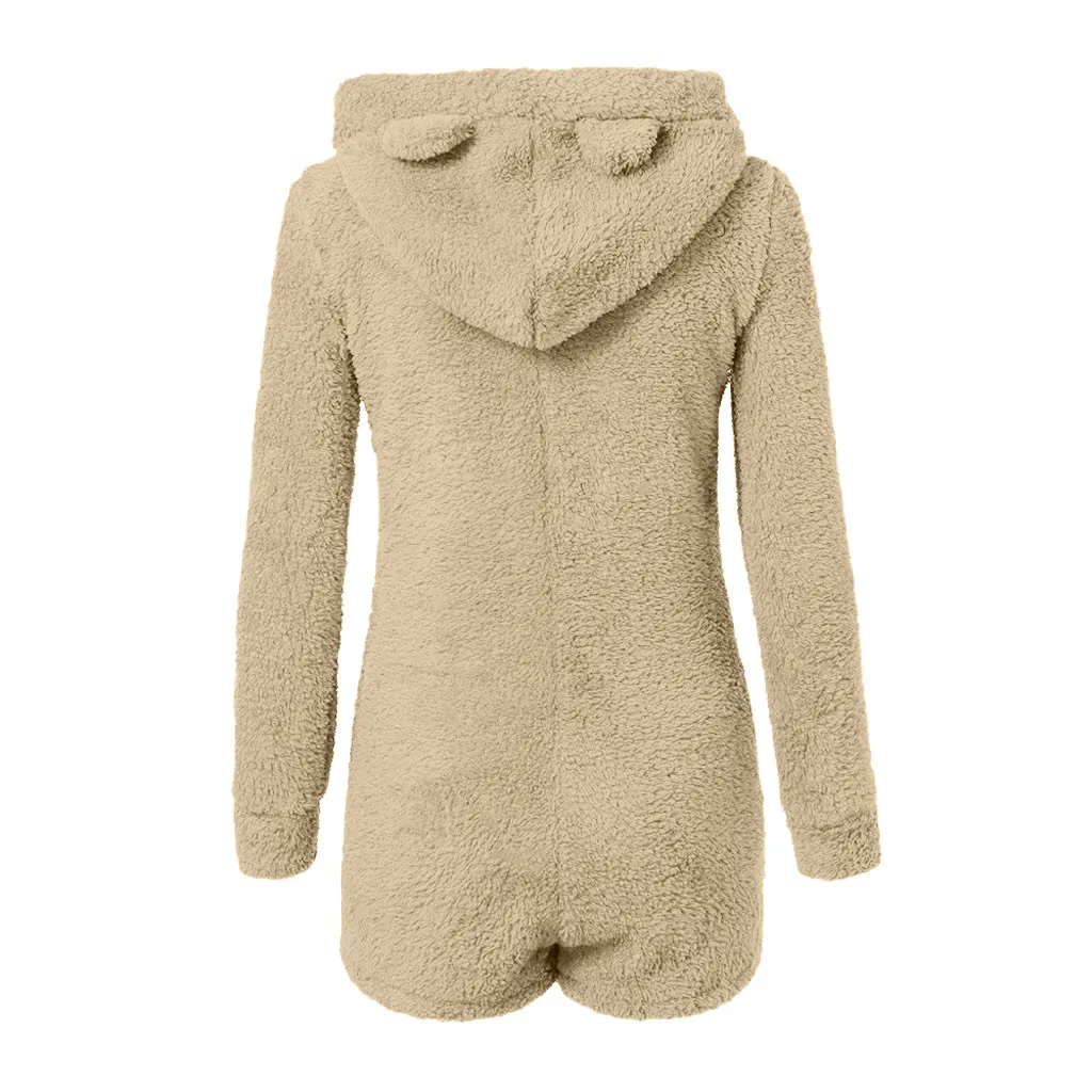StylishBar Kawaii милые флисовые толстовки с кошачьими ушками комбинезоны для тела для женщин однотонные женские милые шорты Комбинезоны домашний сервис комбинезоны