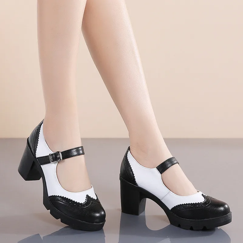 

New Fashion 2020 Buckle Strap Mary Jane Oxford Shoes For Woman Carved Color Block High Heels Large Size 34-43 Women Pumps Shoes