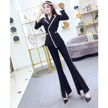 

spring autumn Women's Business Office Suit Pants Set Temperament Long Sleeve coat+ split flared pants women's suit