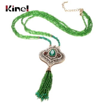 

Kinel Fashion Women Vintage Strand Seed Bead Tassel Necklace Flower Long Pendant Sweater Chain Ethnic Bride Wedding Jewelry