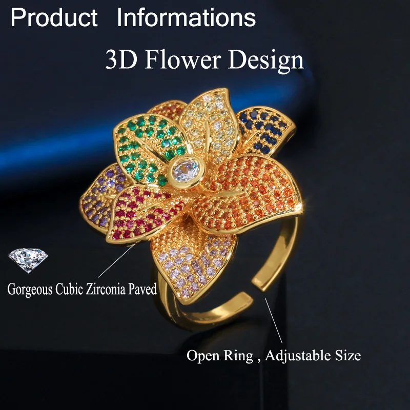 CWWZircons 3D Большой многоцветный цветок регулируемые Открытые Кольца для женщин черное золото кубический цирконий обручение Свадебные украшения R142