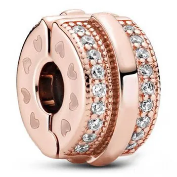 

New 925 Sterling Silver Bead Charm Rose Sparkling Pave Lines & logo Clip With Crystal Beads Fit Original Bracelet Diy Jewelry