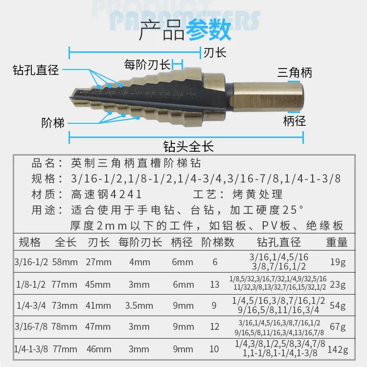 Треугольная ручка прямая ступенчатая алюминиевая коробка ступенчатая дрель bao ta zuan Высокоскоростная сталь zuan tou zu набор Imperial 5 шт