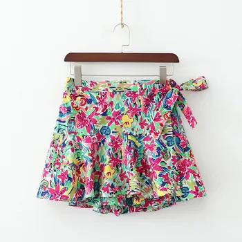 

Colorful Bohemian High Waist Drawstring Print Shorts Skirts Women Beach Wear Ruffles Tie Short Pants for Summer