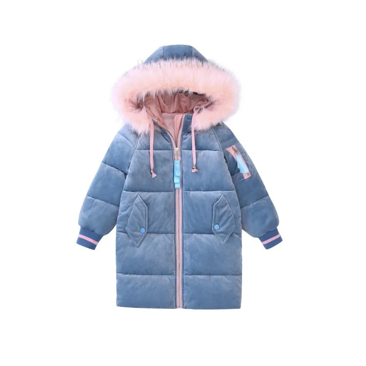 Детское зимнее пальто для девочек с меховым капюшоном, хлопковое стеганое плотное теплое бархатное пальто для девочек