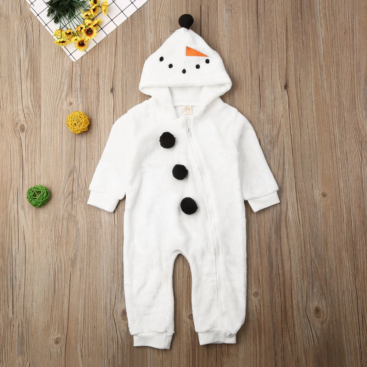 Зимняя Теплая Одежда для новорожденных; для маленьких мальчиков и девочек; унисекс; милый белый флисовый комбинезон со снеговиком; комбинезон с капюшоном;