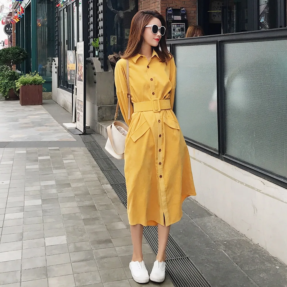 

Photo Shoot 2018 Autumn New Style WOMEN'S Dress-Style Retro Laziness-Style Corduroy over-the-Knee Long Shirt Dress