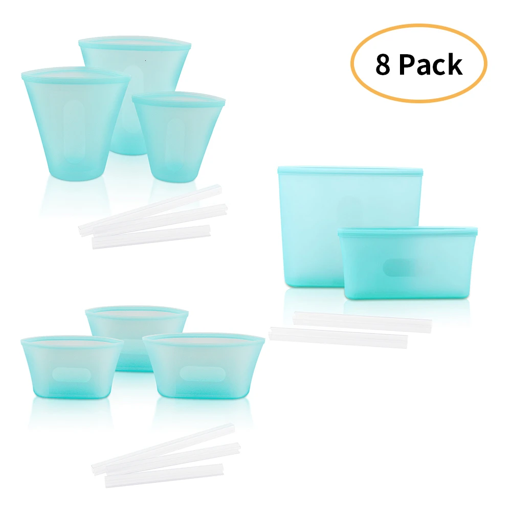 8pcs Blue Set A-D-H 8 шт Силиконовые контейнеры для хранения продуктов герметичная миска для свежей еды многоразовая стоячая застежка-молния закрывающая сумка для фруктов и овощей герметичная чашка с уплотнением - Цвет: 8pcs Blue Set A-D-H