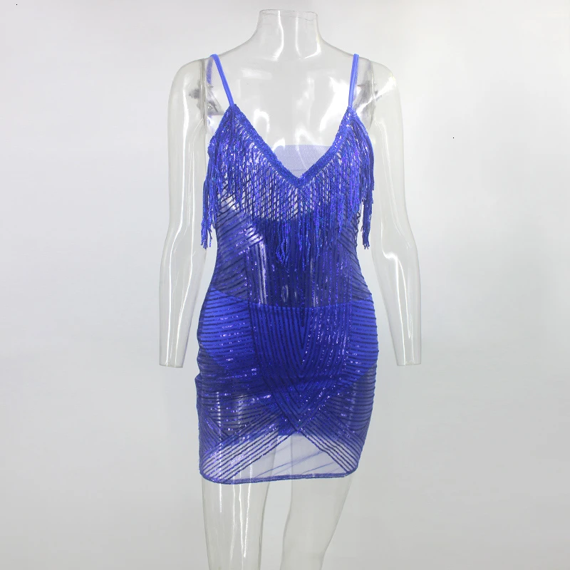 444Blue Justchicc Tassel White Dress Women Clubwear Halter Asymmetric Bodycon Mini Sequin Dresses Sexy Party Night clue Dresses Autumn - Цвет: 444Blue