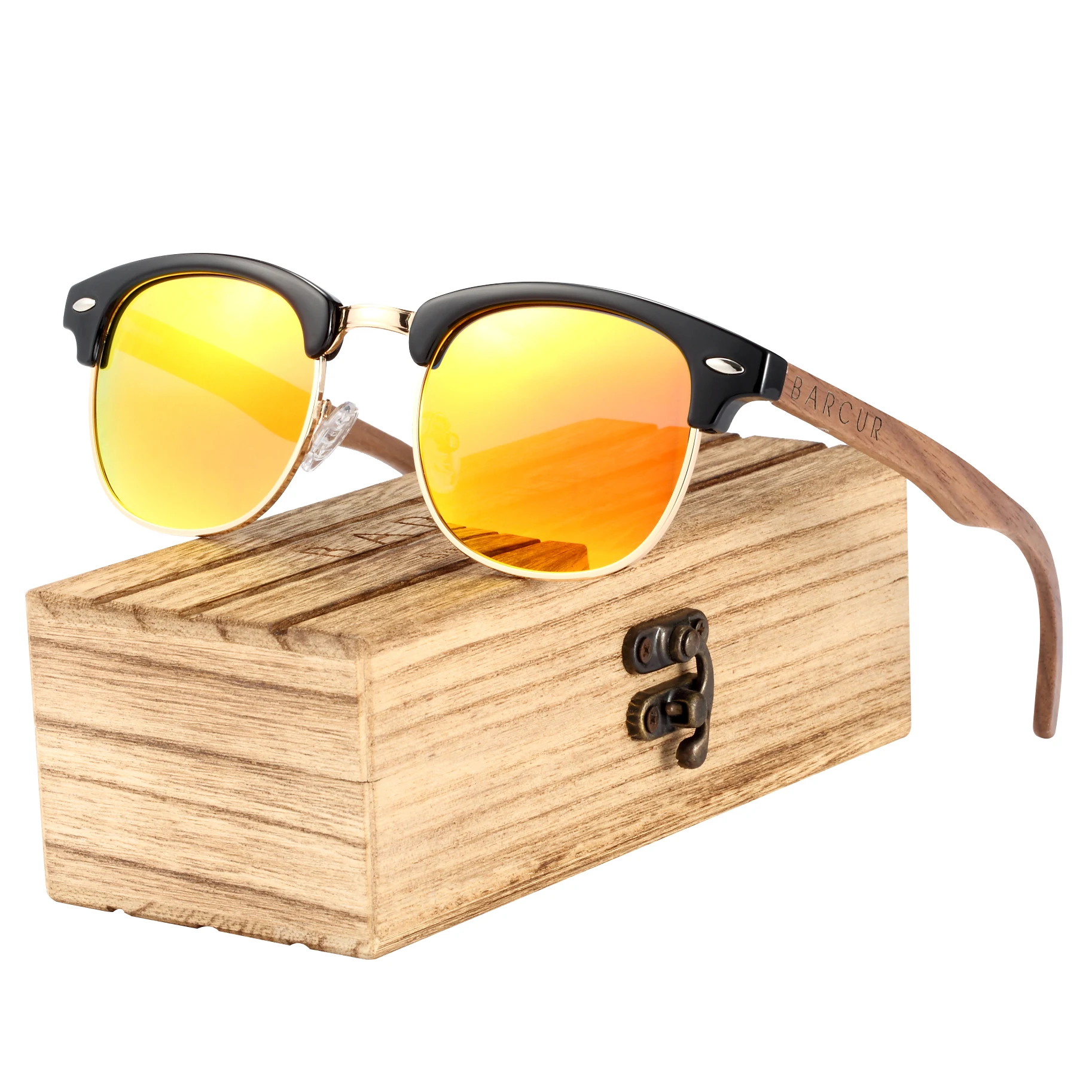 BARCUR Classic Black Walnut Wood Sunglasses Men Polarized Sun Glasses Women Handmade Wood Eyewear Oculos 17