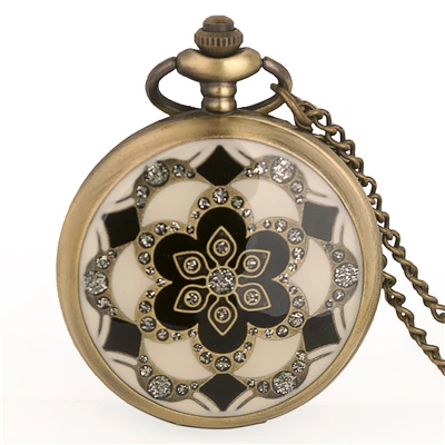 Ретро Винтажные белые и черная керамика цветы карманные часы с цепочкой ожерелье кулон Fob часы - Цвет: white-black