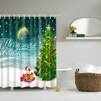 

Waterproof Thicken Polyester 3D Shower Curtain Christmas Tree Santa Claus Snow Mildew Proof Bath Tub Curtain with 12 pcs Hooks