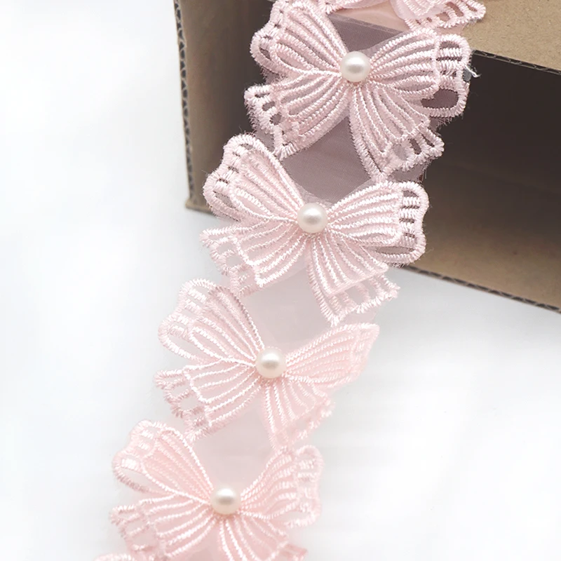 H804 Pearl Bow Flower Organza Lace Trim trimmings Knitting Wedding Lace Embroidered DIY Patchwork Ribbon Sewing Supplies Craft lace fabric,lace ribbon,lace garment accessories,sewing patches,lace sewing supplies,lace accessories,lace sewing accessories,lace decoration