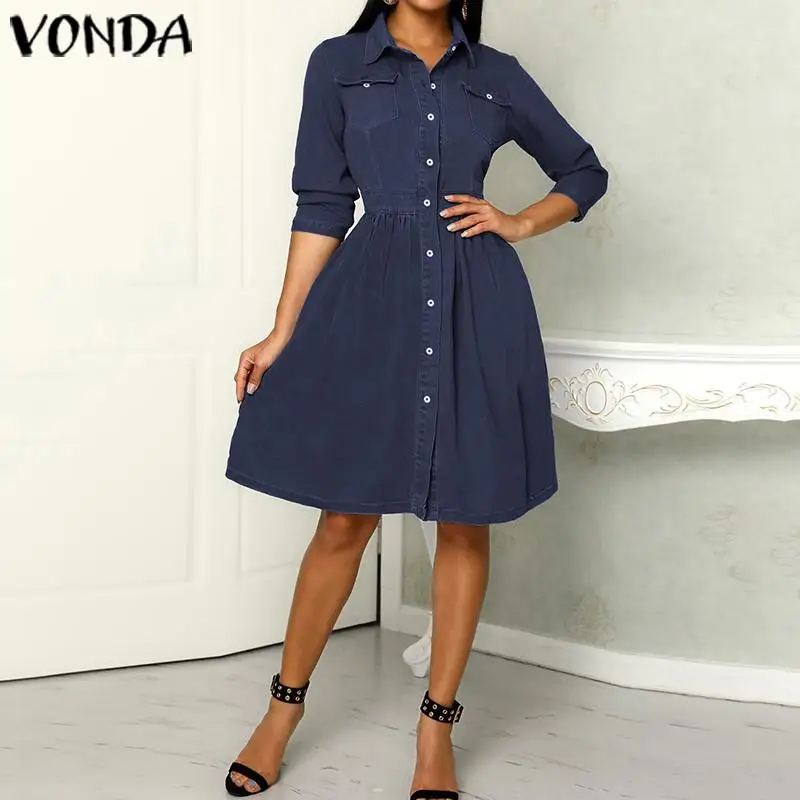 VONDA, летнее платье-рубашка,, повседневные свободные вечерние мини-платья для девушек, офисный сарафан, богемное пляжное платье, Vestidos, S-5XL, Robe Femme
