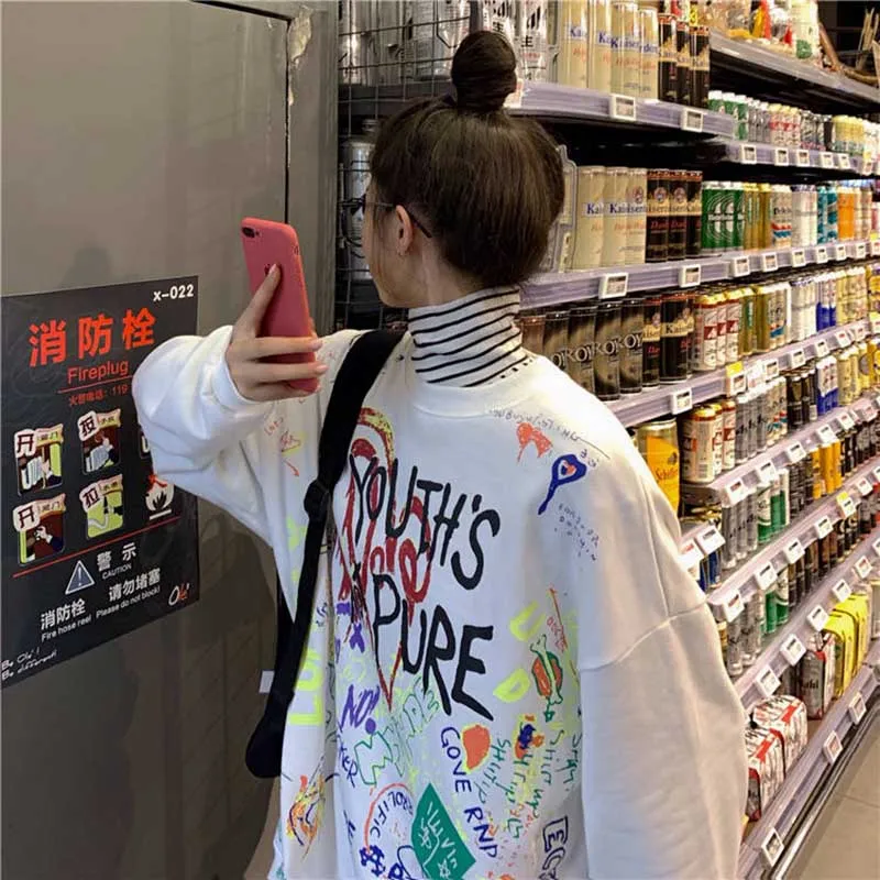 Cena NiceMix 2019 moda Streetwear drukuj Lady bluzy kobiet O Neck luźne ubrania kobiet jesień Hip Hop Casual swetry