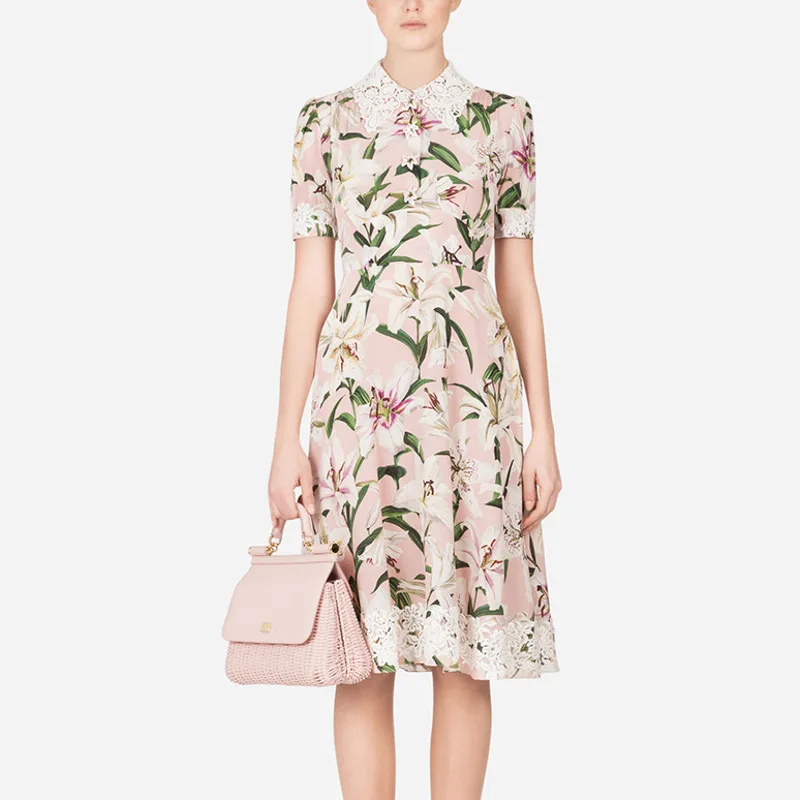 

Runway Designer Women Party Dress Pink Patchwork Lace Short Sleeve Peter Pan Collar Vintage Lily Print Boho Dresses Vestidos