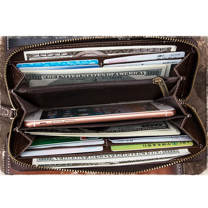 Male Zipper Long Wallet Money Wrist Bag Credit Cards Holder Cell Phone Case Pocket Clutch Handy Bags Genuine Leather Men Purse