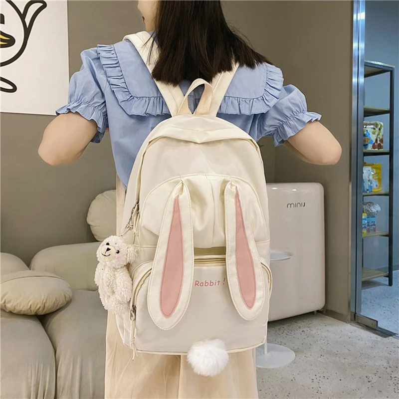 Kawaii Bunny Backpack Japanese White High School Girl School Bag 3D Rabbit Tail Bag Large Capacity Waterproof Female Bag Mochila