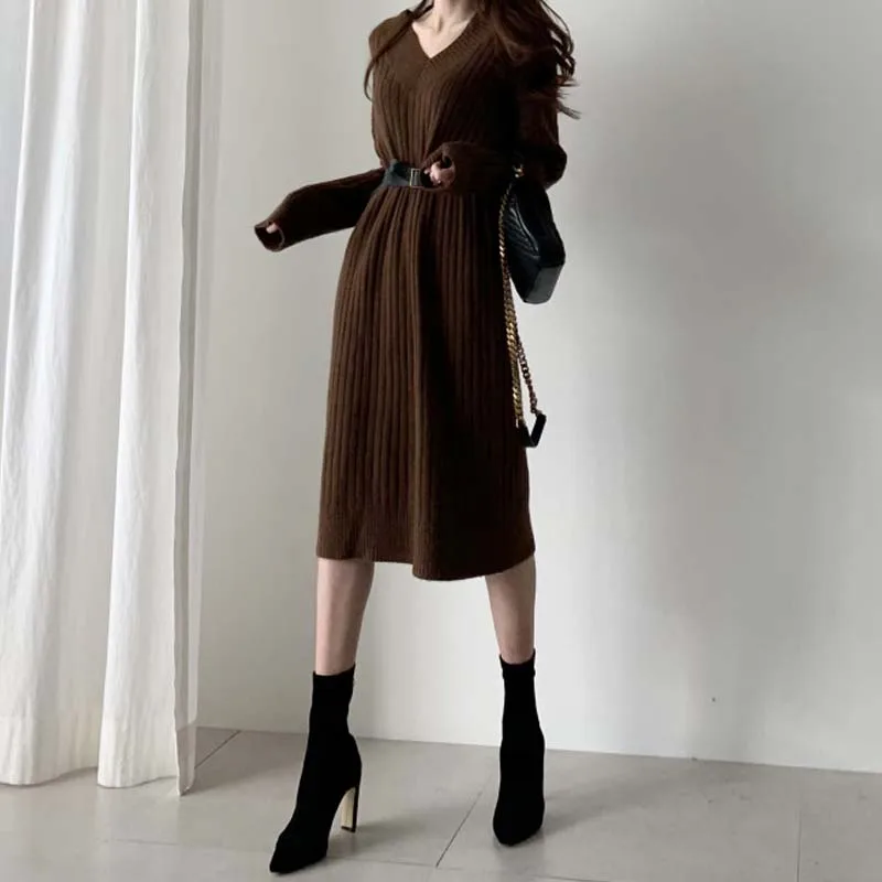 

Korean One Piece Lady Dress French Loose Knitted Sweater Dresses 2020 Autumn Winter Women V-Neck Sweater Knitt Dress Midi Dress