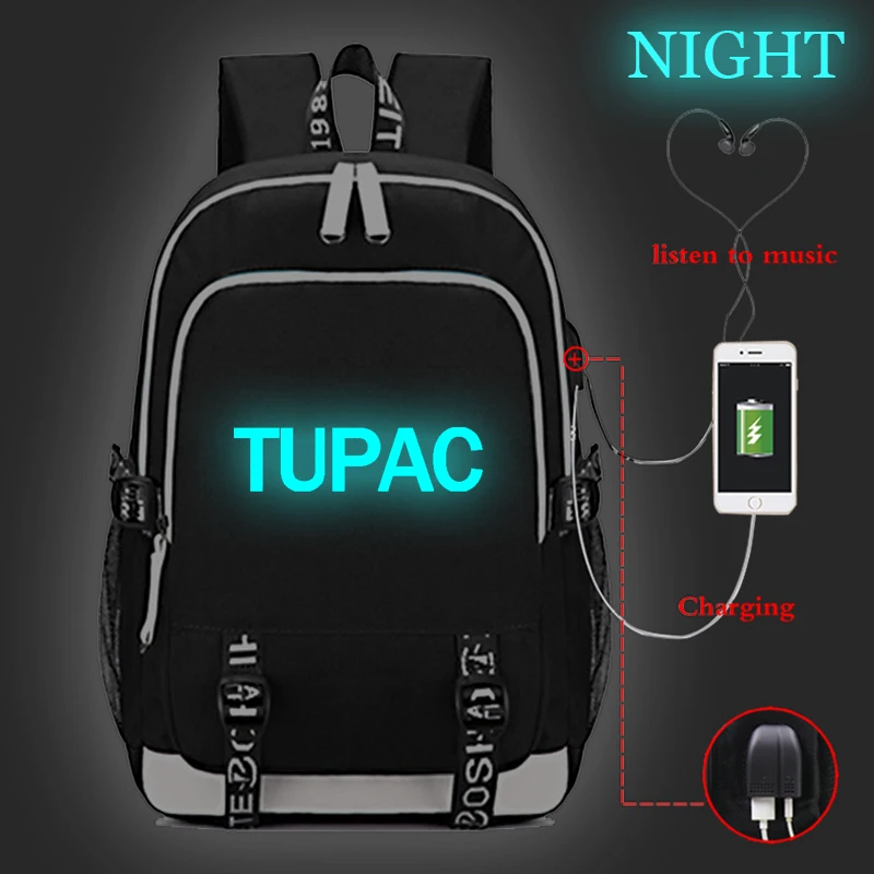 Функциональный Tupac 2Pac Световой USB зарядка студенческий Рюкзак Школьная Сумка модная большая емкость дорожная сумка рюкзак