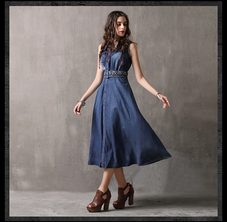Vintage Summer Tank Dress 2019 Slim Waist Women Dresse Denim Vestidos V-Neck A-Line Sleeveless Belted Sundresses K82093 (13)
