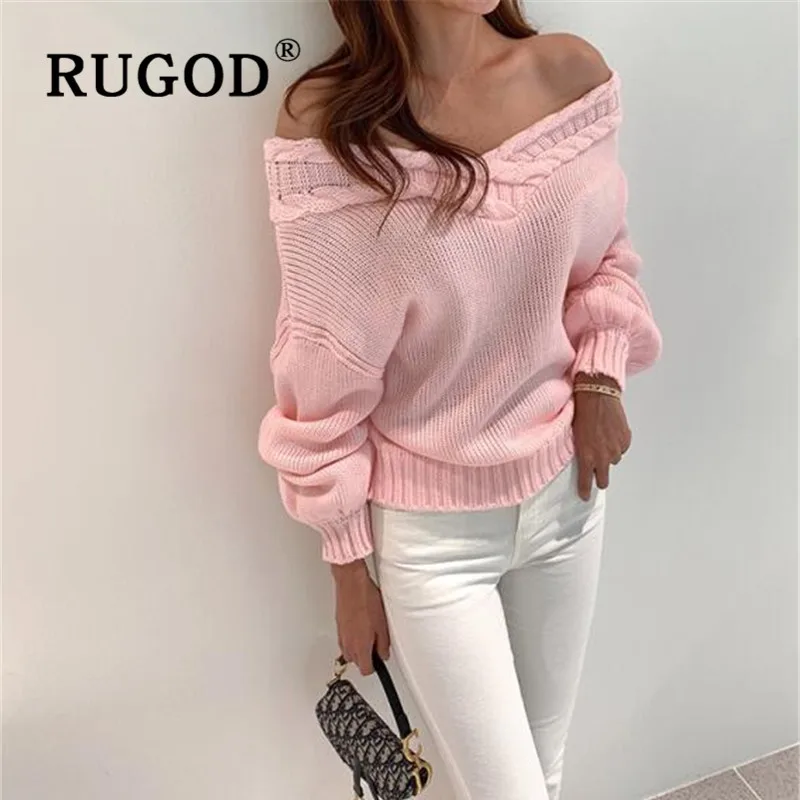 RUGOD, корейский стиль, с вырезом лодочкой, длинный рукав, однотонный, розовый, вязаный свитер, свободный, Повседневный, для девушек, с открытыми плечами, Повседневный, для девушек,, джемпер