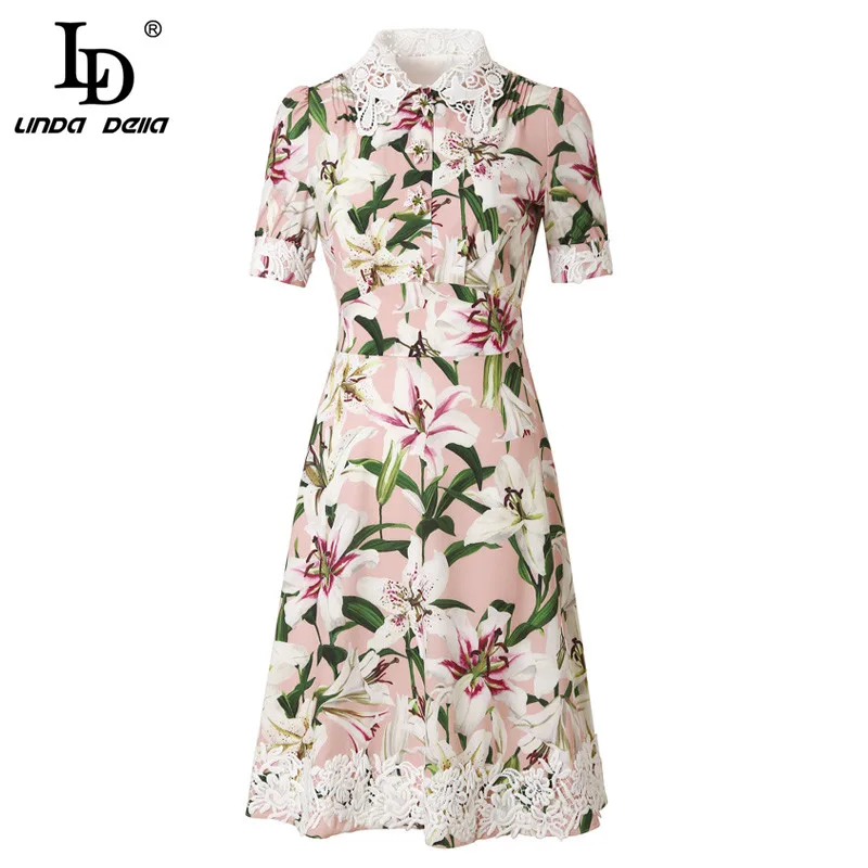 Женское платье для отпуска LD LINDA DELLA, кружевные винтажные платья с цветочным принтом, коротким рукавом и присборенной талией, лето
