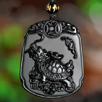 

NATURAL BLACK OBSIDIAN DRAGON TURTLE JADE PENDANT NECKLACE CHINESE HAND-CARVED FASHION JEWELRY AMULET ACCESSORIES FOR MEN WOMEN
