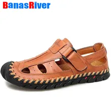 Брендовые кожаные летние мужские сандалии; Повседневная пляжная обувь; качественные римские сандалии на мягкой подошве; уличная прогулочная обувь; большие размеры 39-48