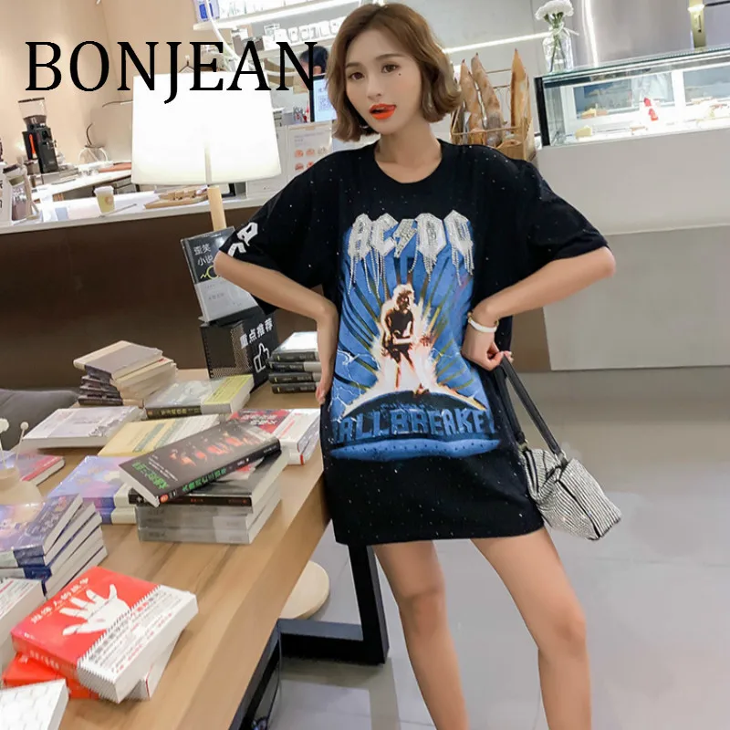 BONJEAN,, летние топы и футболки, короткий рукав, вышивка бисером, рубашка для женщин, черная футболка, стразы, принт, свободная рубашка, BJ1281