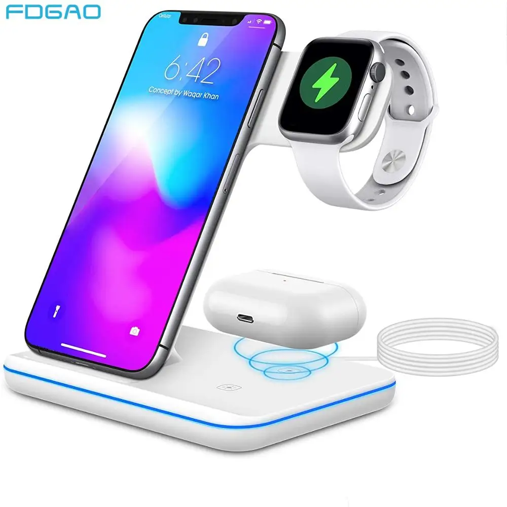 15W Qi Fast Wireless Charger Stand For iPhone 12 11 XS X 8 Apple Watch 6 5 4 3 in 1 Charging Dock Station for Airpods Pro iWatch