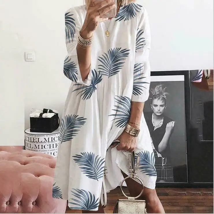 

Plus Size Spring Autumn Women Loose Floral Print Three Quarter Sleeve Loose Dress Kaftan Dresses Beach Casual Long Flower Dress