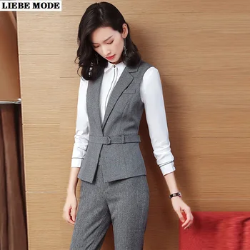 

Vest+Trouser Women Plus Size Work Wear Suit Office Ladies Business Formal 2 Pieces Sleeveless Jacket Set Black Grey Navy Blue