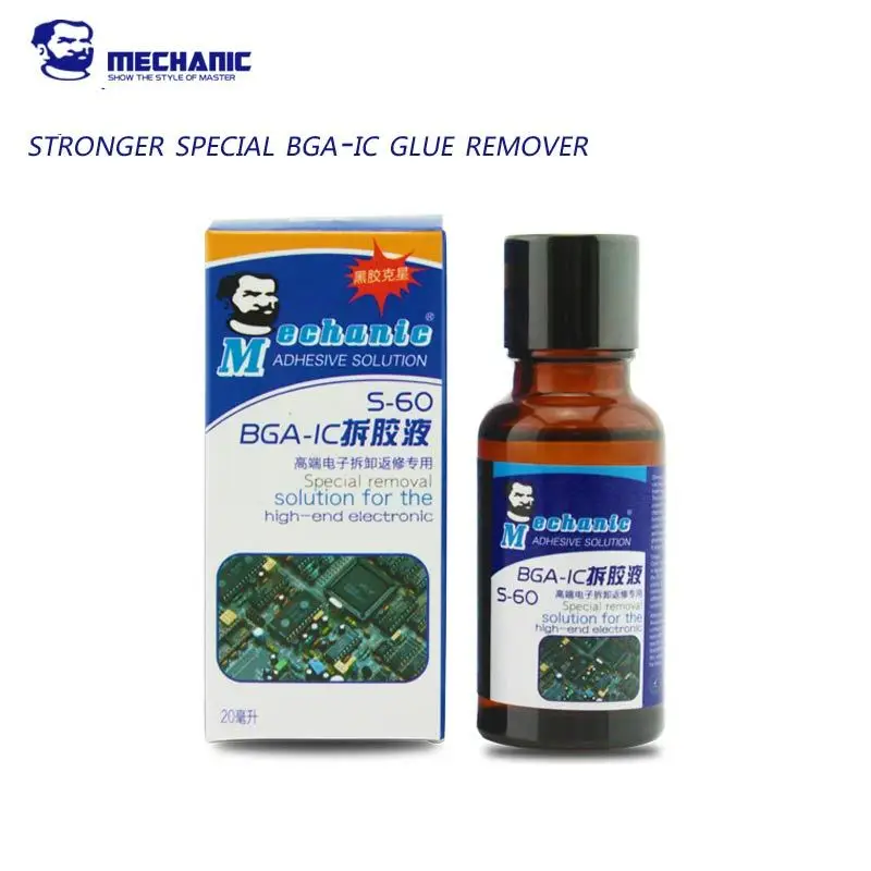 

MECHANIC BGA/IC glue removing liquid for iPhone S-60 Glass bottle 20ml Adhesive Glue Removing For Iphone Sumsung Phone Repair
