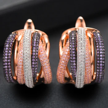 

GODKI 25mm Luxury Twist Braided Colorful Full Mirco Pink Cubic Zirconia Setting European Wedding Clasp Earring Fashion Jewelry