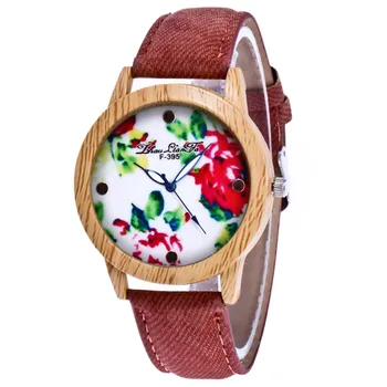 

Ladies Fashion Quartz Watches Casual Spring Flower Printing Round Dial Denim Strap Students Casual Watches LL@17