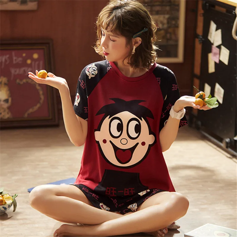

2020 New top knitted cotton summer short-sleeved large size M-2XL pajamas set pajamas cute Want cartoon pajamas