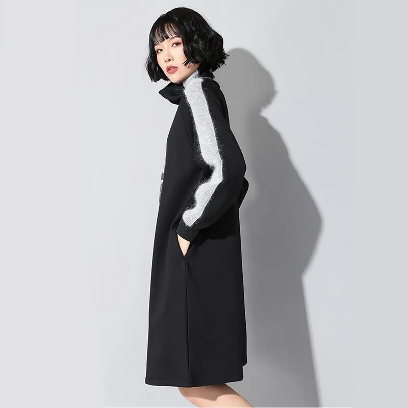[EAM] Новинка, осенне-зимнее Свободное платье с высоким воротником, длинным рукавом и черной лентой, хит цвета, Женская мода JL232