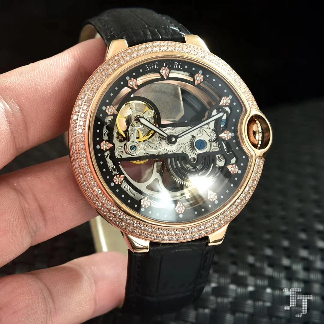 Famous Brand New Men Black Brown Leather Diamond Bezel Automatic Mechanical Watch Stainless Steel S