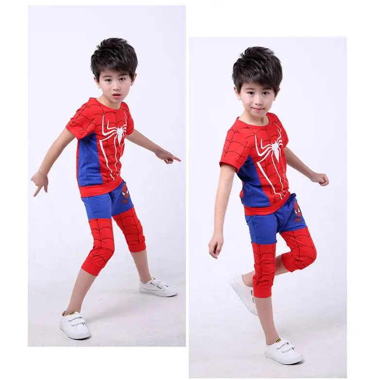 Летний Карнавальный Костюм «Человек-паук», «Супермен», детский летний костюм с короткими рукавами из чистого хлопка для мальчиков, костюм из двух предметов