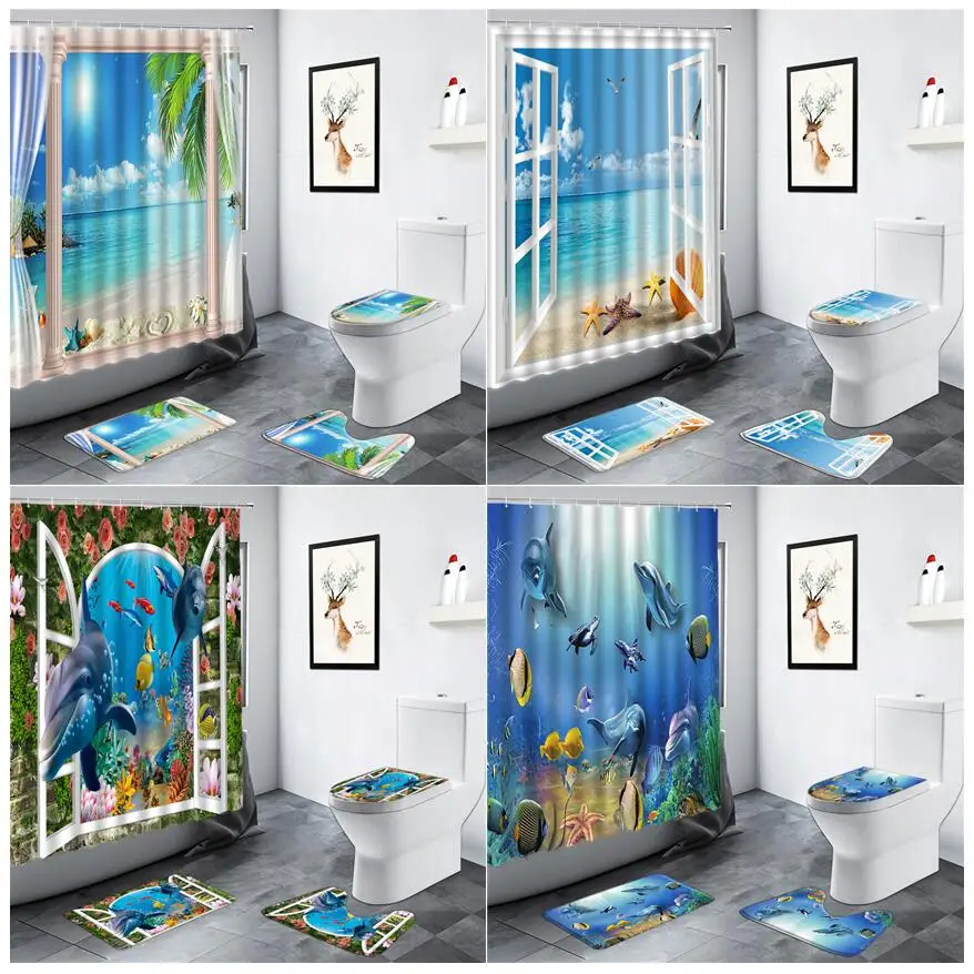 

Beach Ocean Landscape Shower Curtains Palm Trees Dolphin Tropical Fish Hawaii Scenery Bathroom Decor Anti-slip Rug Bath Mats Set