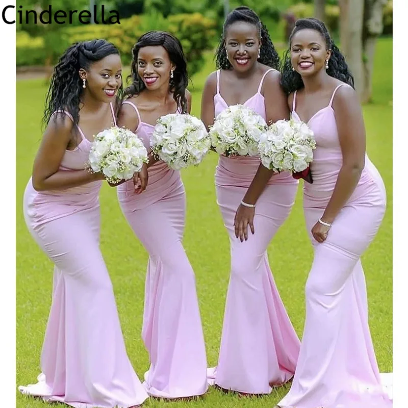 Bridesmaid Dresses Pink Spaghetti Straps V-Neck Spandex Satin Zipper Back Mermaid Bridesmaid Dresses Wedding Party Dresses
