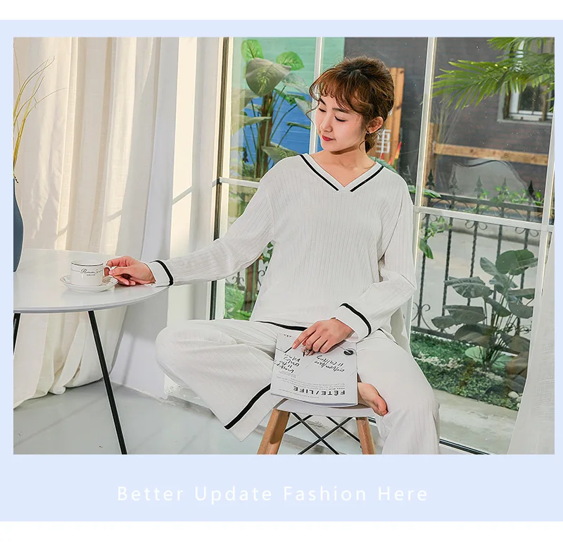 Autumn New Pyjamas Ladies Cotton V-neck Pajamas Strip Simple Long-sleeved Two-piece Pajama Set Solid Sleepwear Home Clothes
