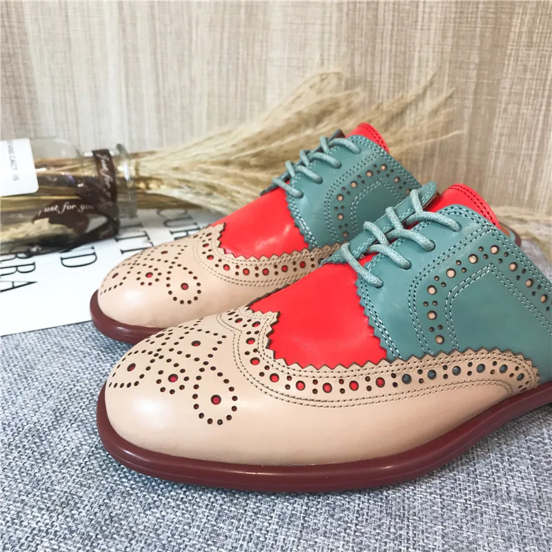 2020 Summer Slides Women's Shoes Carved Round Toe Flats Heel Brogues Mules Shallow Mouth Color Block Oxford Shoes Slippers Women (4)