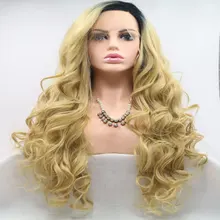 Эффектом деграде(переход от темного к черный корня до светлые волосы тело волна синтетические 13*4 Синтетические волосы на кружеве парики Термостойкое волокно пробор волос для Для женщин парик