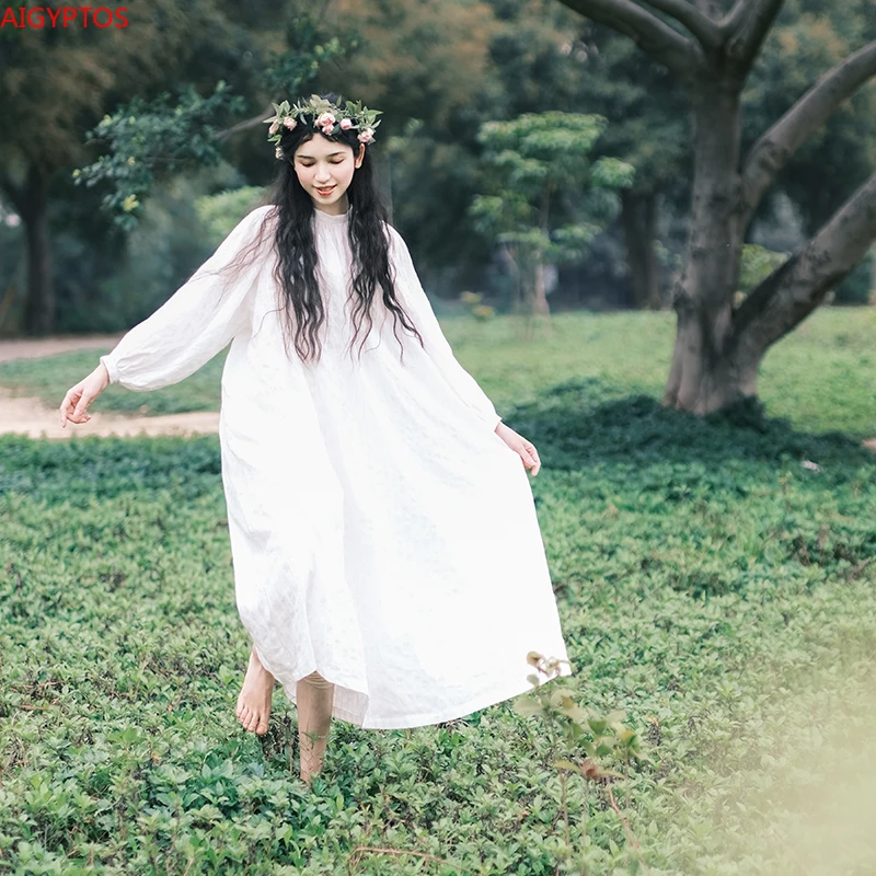 

Original Design AIGYPTOS Spring Women Oversized Dresses Vintage Casual Ultra Loose Mori Girl Sweet 100%Cotton White Dresses