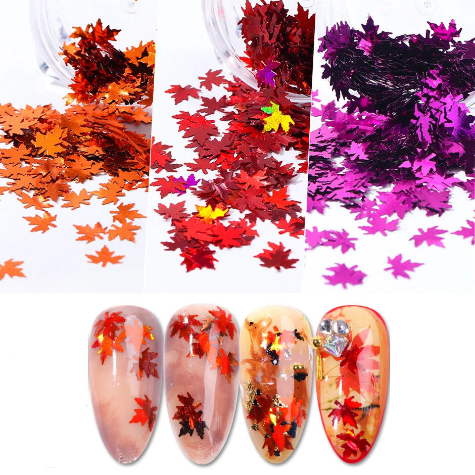 

1 Box Christmas DIY Colored Maple Leaf Sequins Laser Nails Art Glitters Thin Paillette Flakes Stickers Nail Manicure Decorations